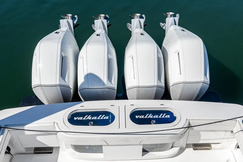  Yacht Photos Pics 2023 Valhalla Boatworks V-46 with four powerful outboard engines on water.