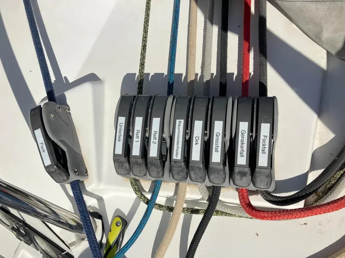 Kirlana Yacht Photos Pics Sailing ropes and clutches on a 2006 Lagoon 420 catamaran deck.