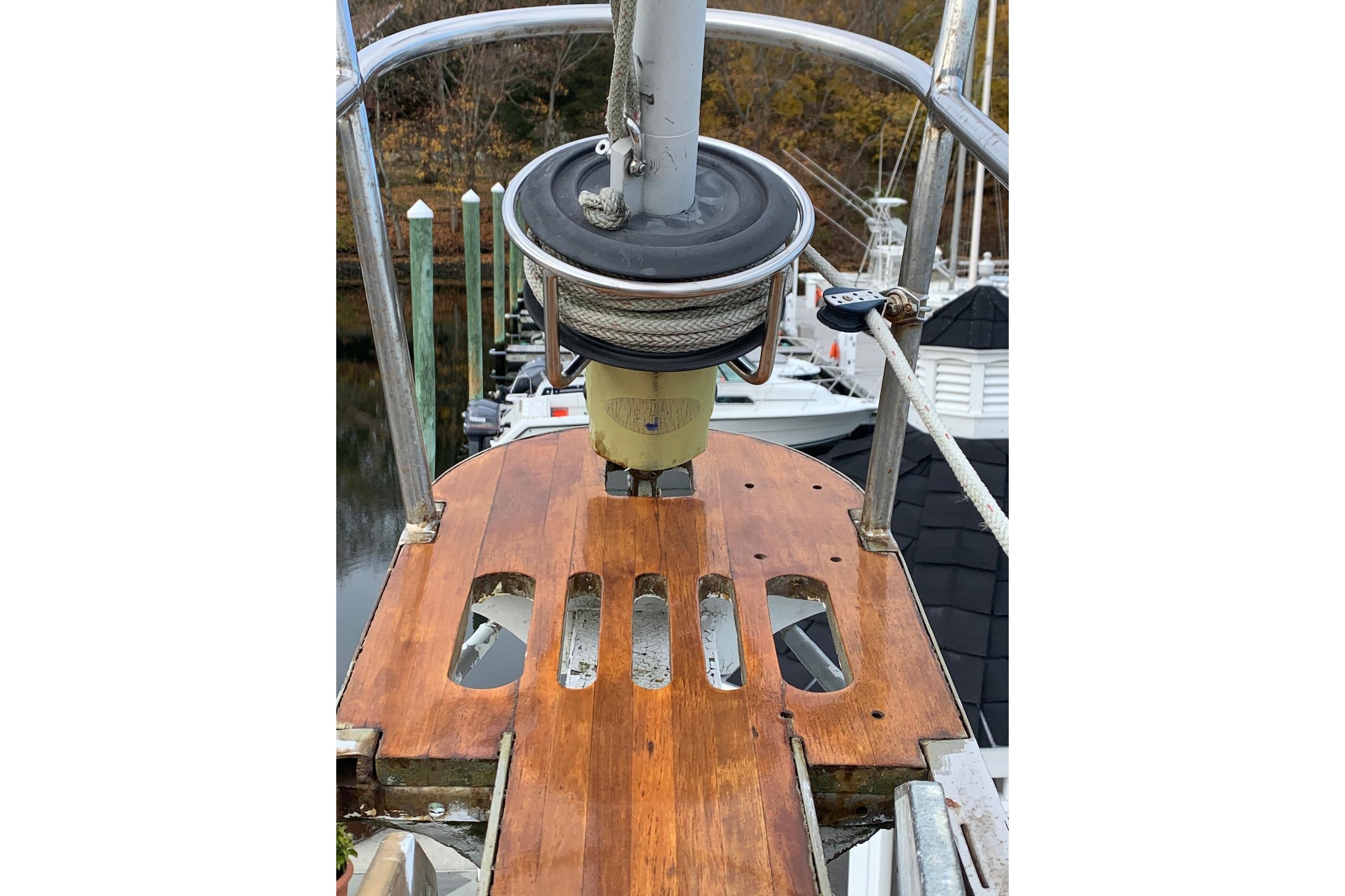 Bow of 1981 Hardin 45 sailboat with wooden deck and rigging details.