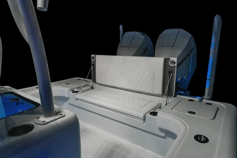  Yacht Photos Pics 2022 Barker Boatworks 26 Open interior with seating and dual Mercury engines.