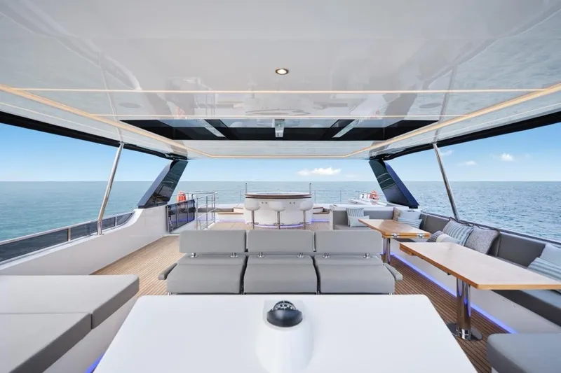 Seaview 75 Yacht Photos Pics Luxurious 2026 Heysea Seaview 75 yacht interior with modern seating and ocean view.