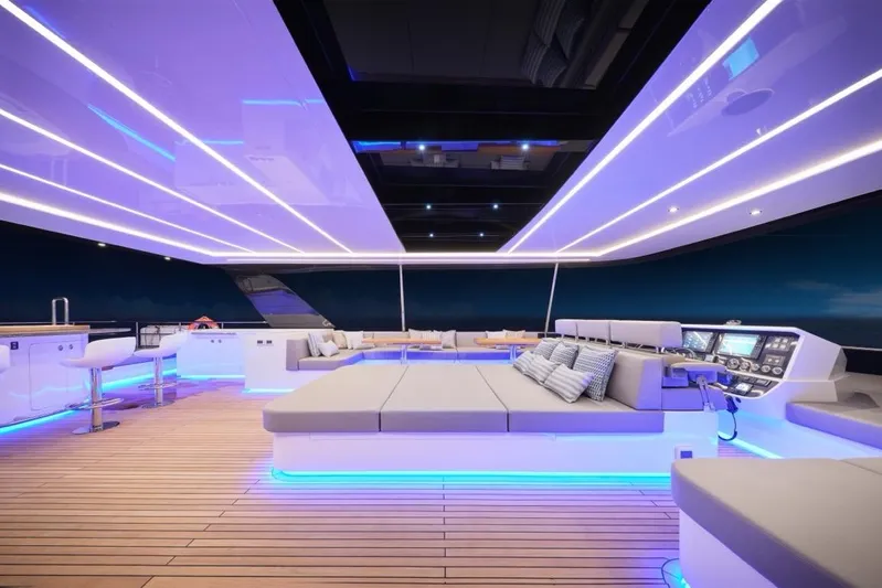 Seaview 75 Yacht Photos Pics Luxurious 2026 Heysea Seaview 75 yacht interior with modern lighting and elegant seating.