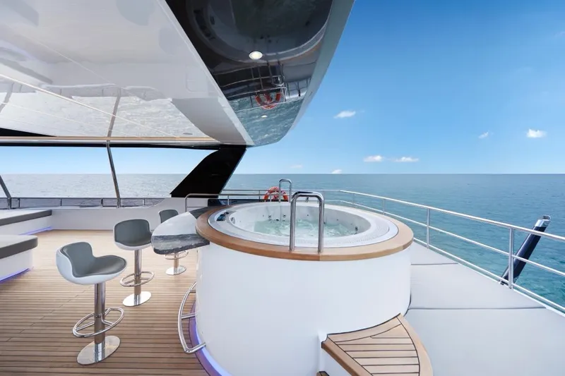 Seaview 75 Yacht Photos Pics Luxurious Heysea Seaview 75 yacht deck with jacuzzi, ocean view, and modern seating, 2026 model.