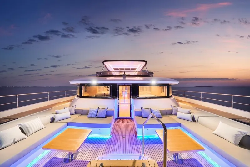 Seaview 75 Yacht Photos Pics Luxurious Heysea Seaview 75 yacht deck at sunset, 2026 model, with elegant seating and ambient lighting.
