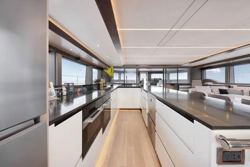 Seaview 75 Yacht Photos Pics Luxurious kitchen interior of 2026 Heysea Seaview 75 yacht with modern design and ocean views.