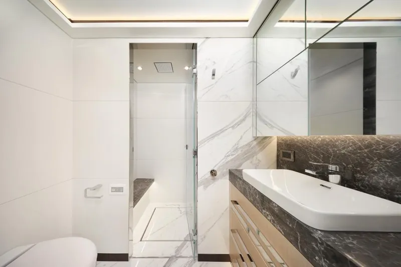 Seaview 75 Yacht Photos Pics Luxurious bathroom in 2026 Heysea Seaview 75 yacht with modern marble design.