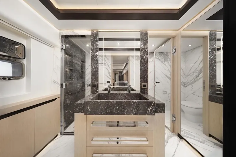 Seaview 75 Yacht Photos Pics Luxurious bathroom interior of 2026 Heysea Seaview 75 yacht with marble finishes.