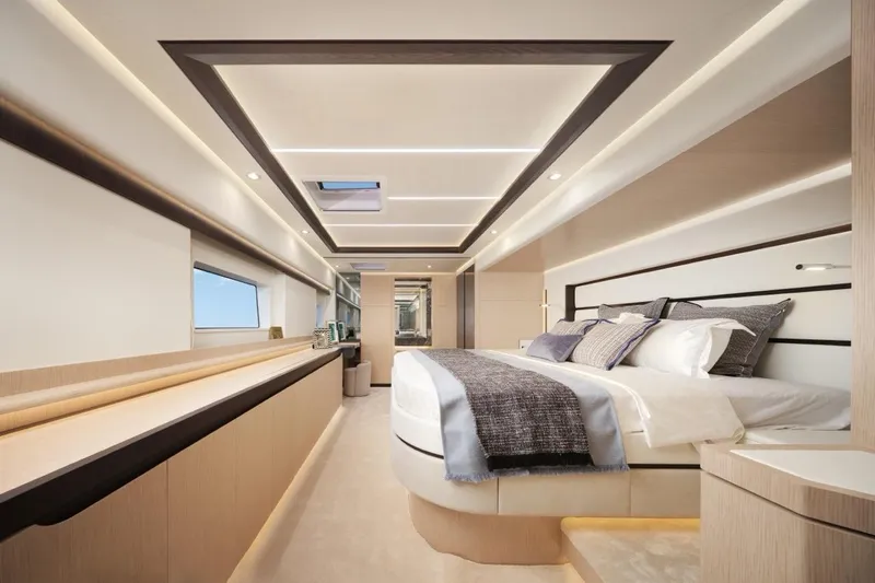 Seaview 75 Yacht Photos Pics Luxurious interior of 2026 Heysea Seaview 75 yacht, featuring elegant bedroom design.