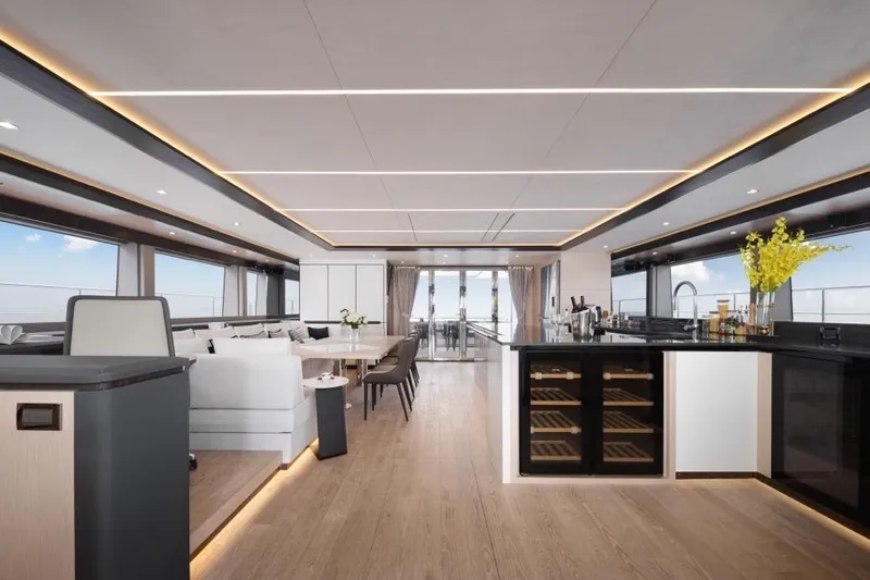 Seaview 75 Yacht Photos Pics Luxurious interior of 2026 Heysea Seaview 75 yacht with modern design and elegant furnishings.