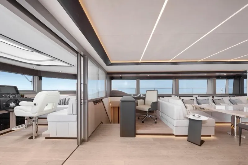 Seaview 75 Yacht Photos Pics Luxurious interior of 2026 Heysea Seaview 75 yacht with modern furnishings and panoramic windows.