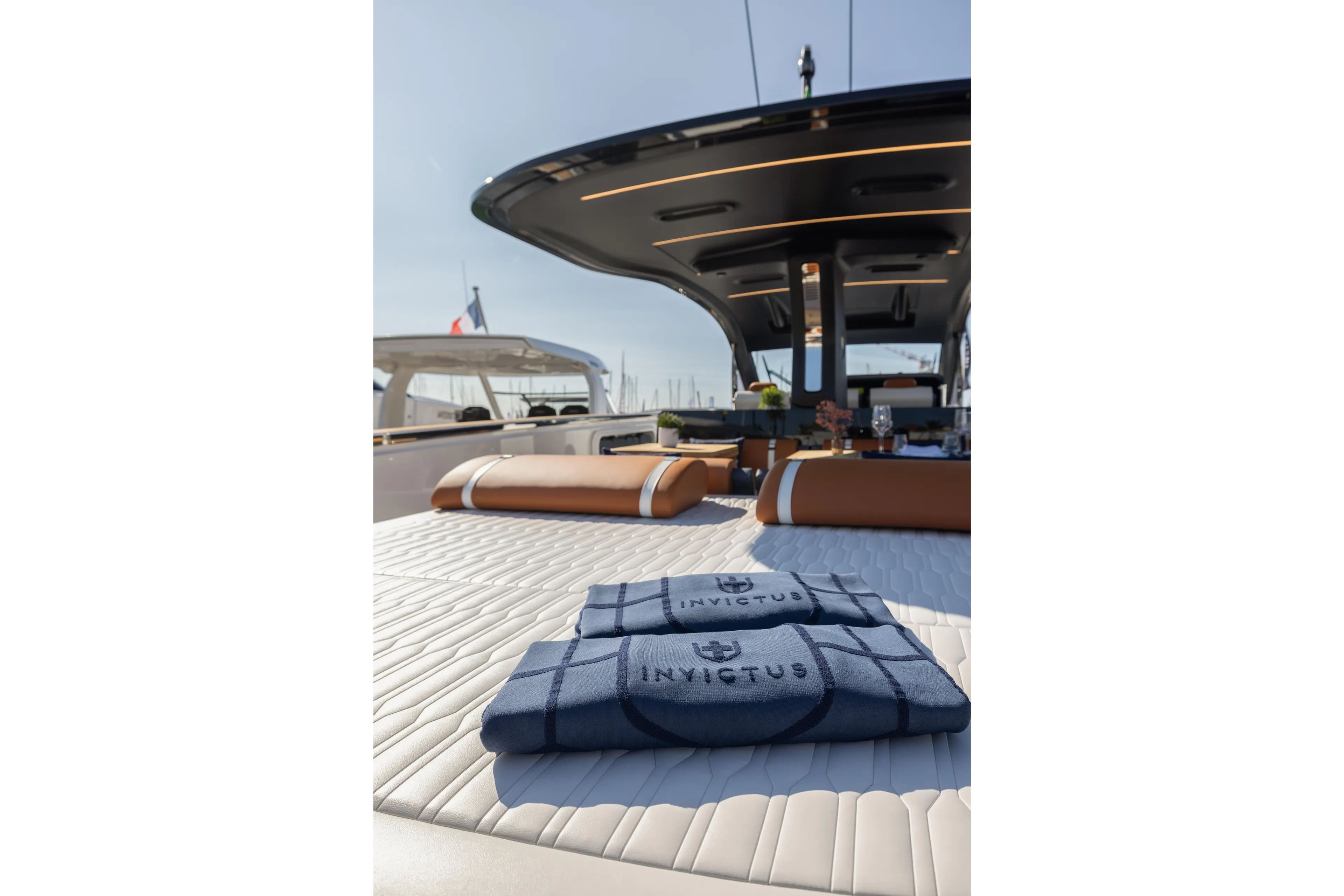  Yacht Photos Pics Luxurious Invictus TT460 yacht interior with branded towels, 2026 model.