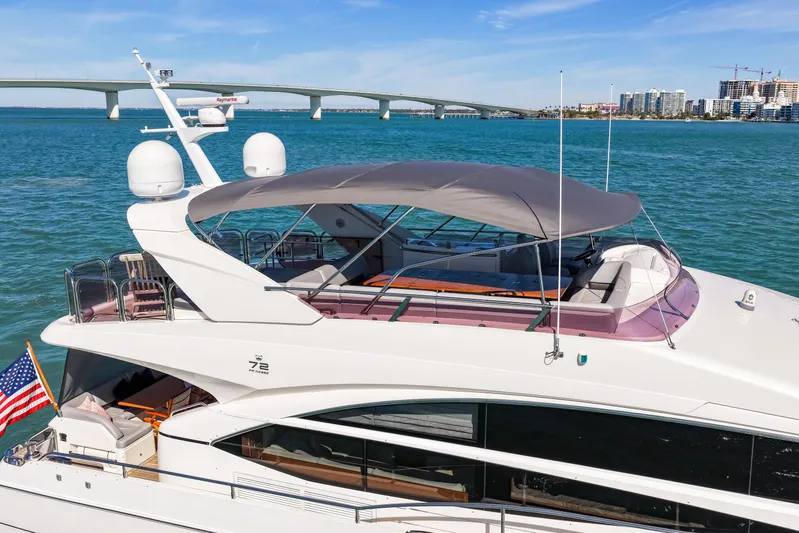 Fortunato Yacht Photos Pics Luxurious 2014 Princess Y72 yacht cruising near a scenic bridge and city skyline.