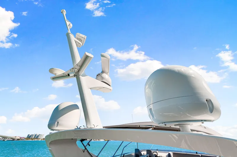 Fortunato Yacht Photos Pics Radar equipment on a 2014 Princess Y72 yacht against a clear blue sky.