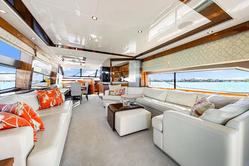 Fortunato Yacht Photos Pics Luxurious interior of 2014 Princess Y72 yacht with elegant seating and scenic ocean views.