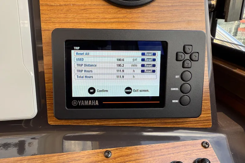  Yacht Photos Pics Yamaha display on 2024 Ranger Tugs R-25 showing trip data and fuel usage.