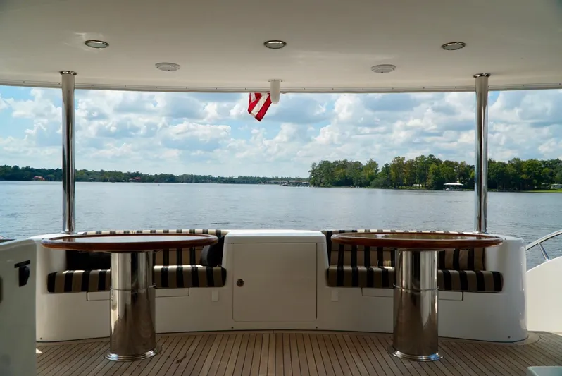 Miss Patti Yacht Photos Pics Ocean Alexander 74 Motoryacht 2008, rear deck view with seating, overlooking serene water.