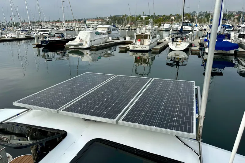 Dasananas Yacht Photos Pics Solar panels on a 2008 Hunter 49 yacht docked at a marina.