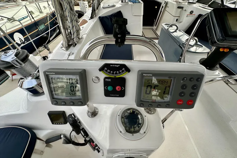 Dasananas Yacht Photos Pics Cockpit of 2008 Hunter 49 sailboat with navigation instruments and controls.