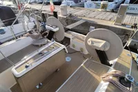 2020 Dufour 360 Grand Large sailboat deck with dual steering wheels at dock.