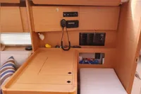 2020 Dufour 360 Grand Large yacht interior with navigation equipment and wooden cabinetry.