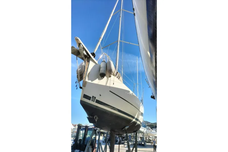  Yacht Photos Pics 2020 Dufour 360 Grand Large sailboat on dry dock, viewed from stern.