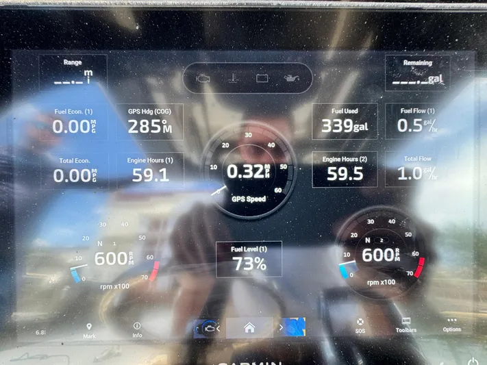  Yacht Photos Pics 2024 Scout 277 LXF dashboard display showing fuel, engine hours, and GPS data.