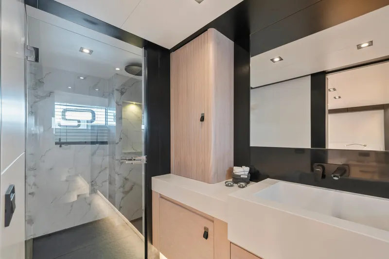 Ice Yacht Photos Pics Luxurious bathroom in 2024 Soyaslan 78' yacht with modern fixtures and marble accents.