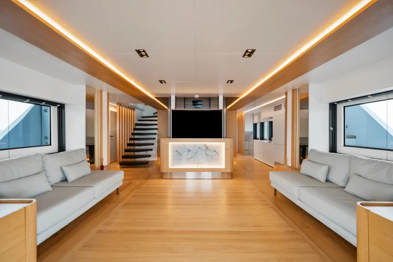 Ice Yacht Photos Pics Luxurious interior of 2024 Soyaslan 78' yacht with modern design and elegant lighting.