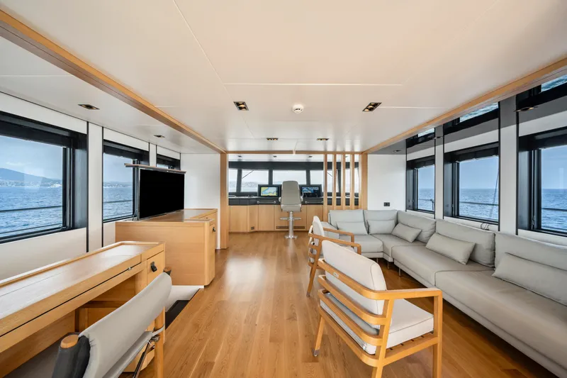 Ice Yacht Photos Pics Luxurious interior of 2024 Soyaslan 78' yacht with modern furnishings and ocean view.