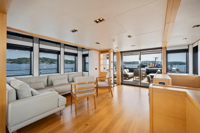 Ice Yacht Photos Pics Luxurious 2024 Soyaslan 78' yacht interior with modern furnishings and panoramic windows.