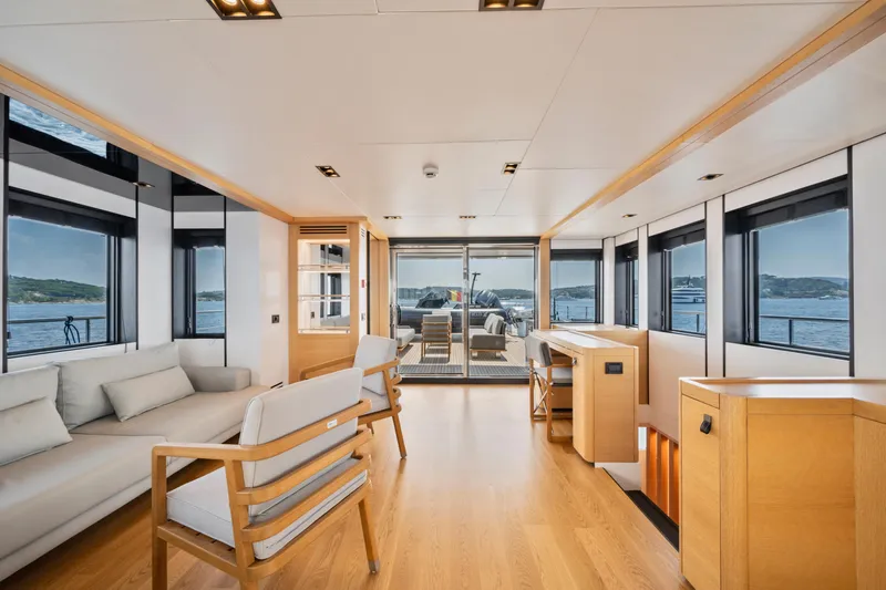 Ice Yacht Photos Pics Luxurious interior of 2024 Soyaslan 78' yacht with modern furnishings and panoramic windows.