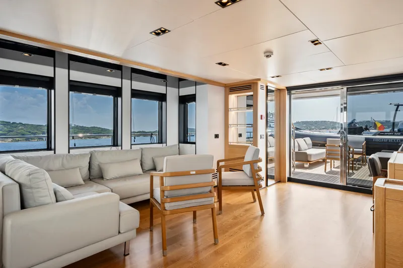 Ice Yacht Photos Pics Luxurious Soyaslan 78' yacht interior, 2024 model, featuring elegant seating and panoramic windows.