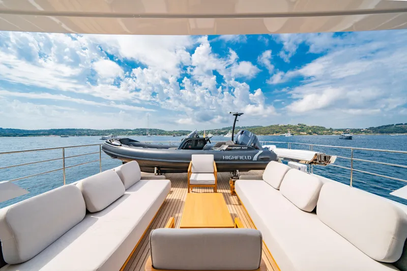 Ice Yacht Photos Pics Luxurious 2024 Soyaslan 78' yacht deck with elegant seating and scenic ocean view.