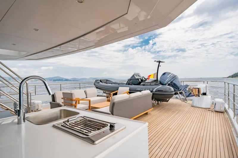 Ice Yacht Photos Pics Luxurious 2024 Soyaslan 78' yacht deck with seating, grill, and tender boat.