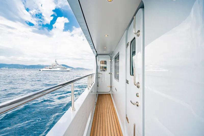 Ice Yacht Photos Pics Luxurious 2024 Soyaslan 78' yacht deck with ocean view and distant yacht.