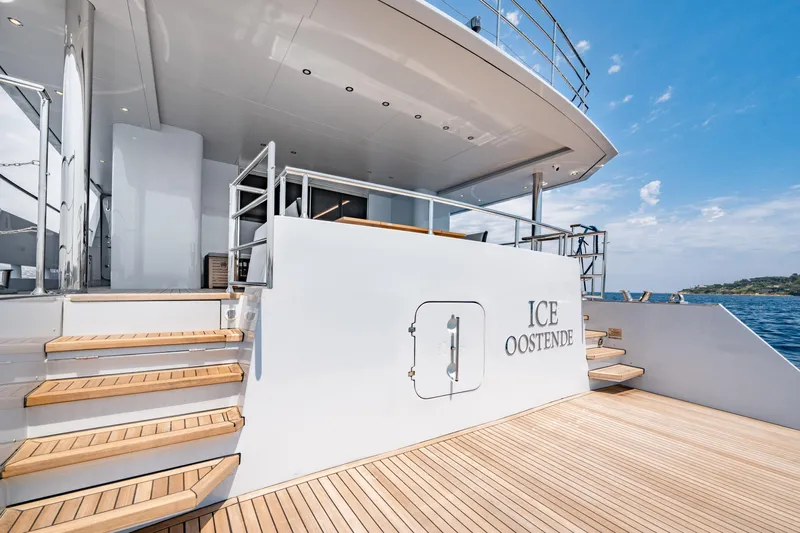 Ice Yacht Photos Pics Luxury Soyaslan 78' yacht deck, 2024 model, with wooden steps and ocean view.