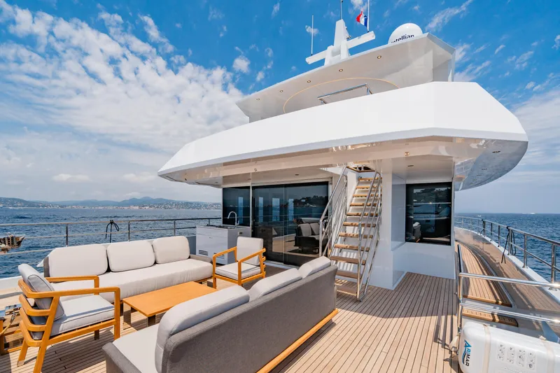 Ice Yacht Photos Pics Luxurious 2024 Soyaslan 78' yacht deck with modern seating and ocean view.