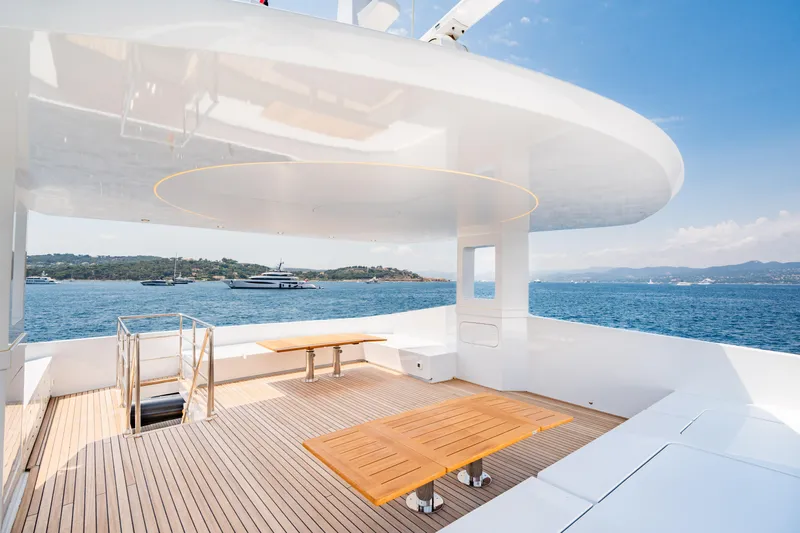Ice Yacht Photos Pics Luxurious 2024 Soyaslan 78' yacht deck with wooden tables and ocean view.