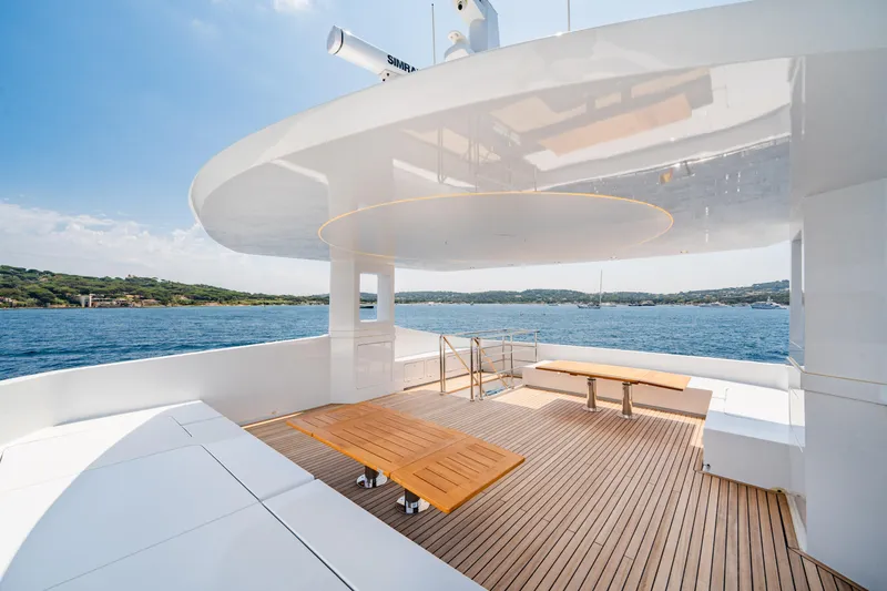 Ice Yacht Photos Pics Luxurious 2024 Soyaslan 78' yacht deck with wooden seating and ocean view.