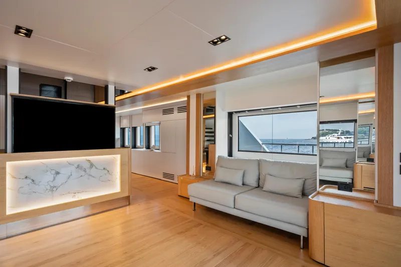 Ice Yacht Photos Pics Luxurious Soyaslan 78' yacht interior, 2024 model, featuring modern design and elegant lighting.