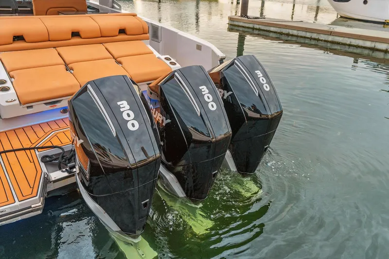  Yacht Photos Pics 2021 Aviara AV36 OB boat with triple Mercury 300 outboard engines.