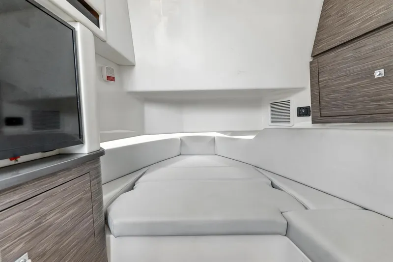  Yacht Photos Pics Interior of 2021 Aviara AV36 OB boat with modern seating and cabinetry.