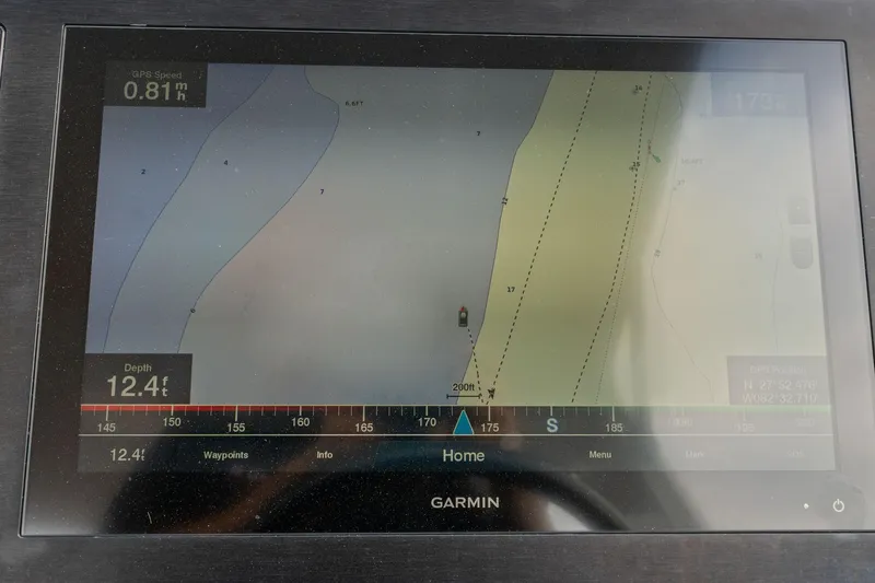  Yacht Photos Pics Garmin navigation display on 2021 Aviara AV36 OB, showing depth and GPS speed.