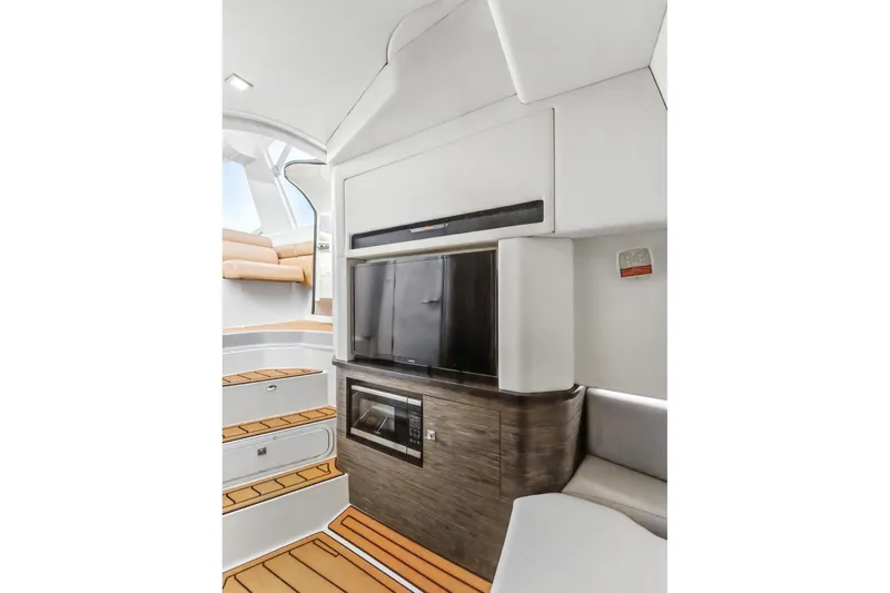  Yacht Photos Pics Interior of 2021 Aviara AV36 OB boat with modern design and wood accents.