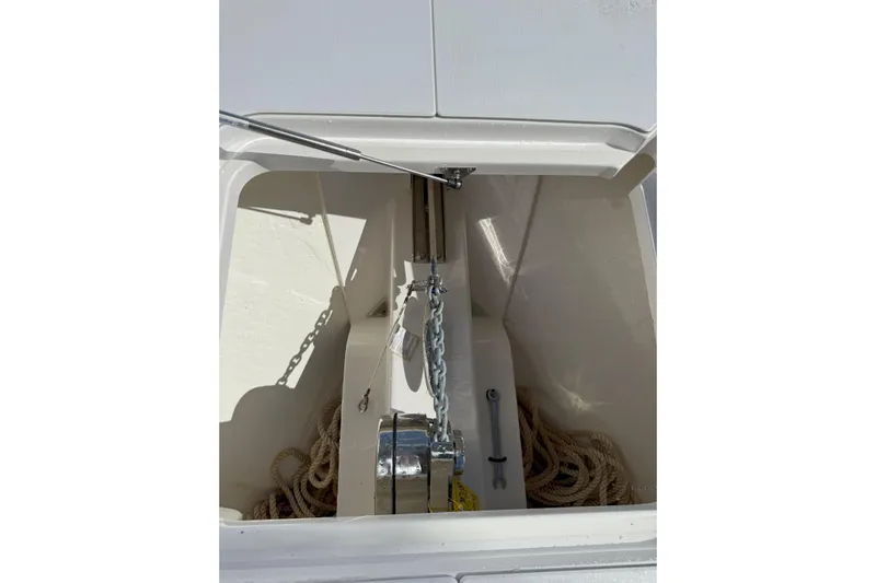 Chasing Palooza Yacht Photos Pics Anchor locker of 2024 Southport 30 FE boat with chain and rope storage.