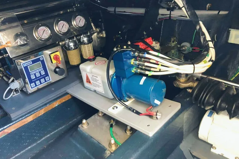  Yacht Photos Pics Engine room of 2006 Cranchi Mediterranee 47 with gauges and electrical components.