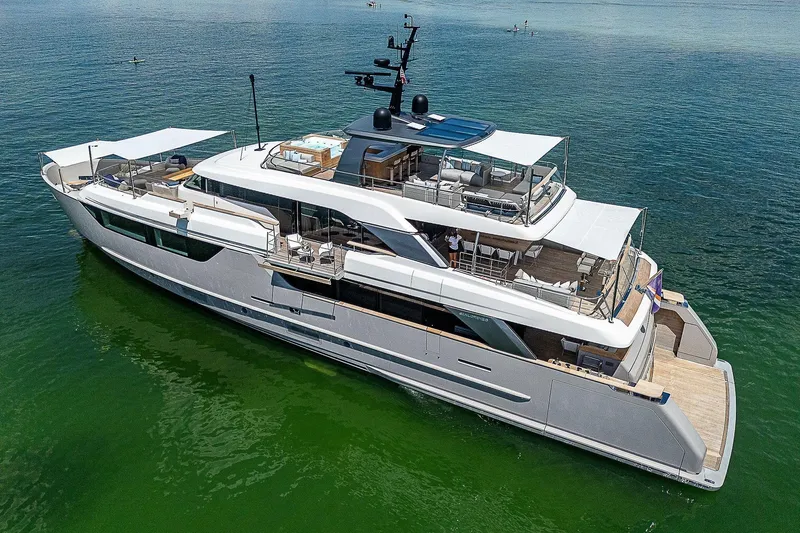 The Wolf Yacht Photos Pics Luxurious 2023 Sanlorenzo SD118 yacht on calm waters, showcasing sleek design and spacious decks.