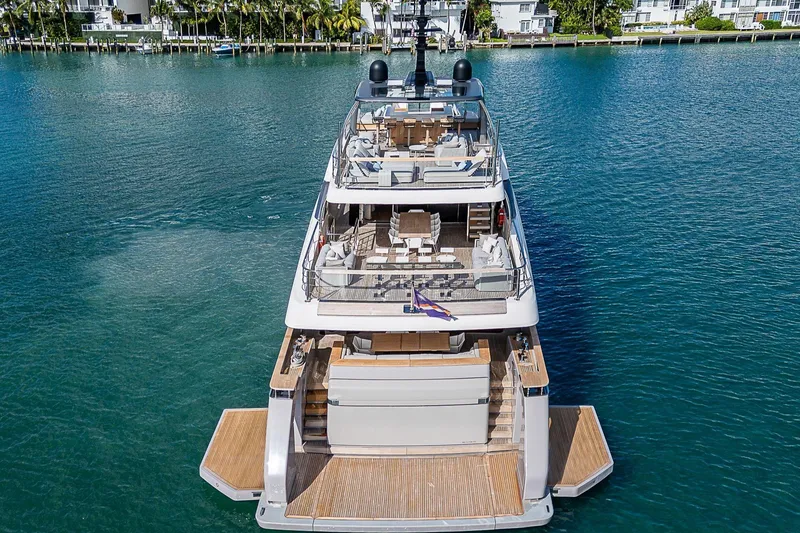 The Wolf Yacht Photos Pics Luxurious 2023 Sanlorenzo SD118 yacht on serene water, showcasing elegant design and spacious decks.