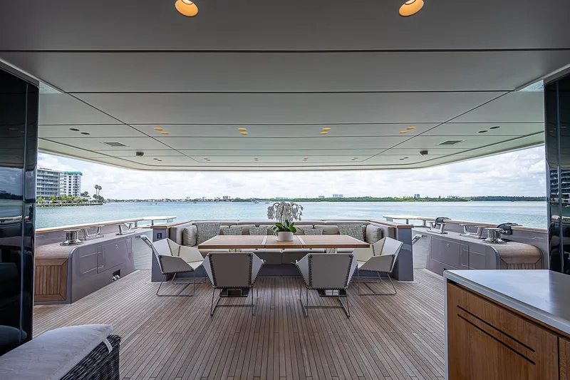 The Wolf Yacht Photos Pics Luxurious 2023 Sanlorenzo SD118 yacht deck with elegant seating and ocean view.