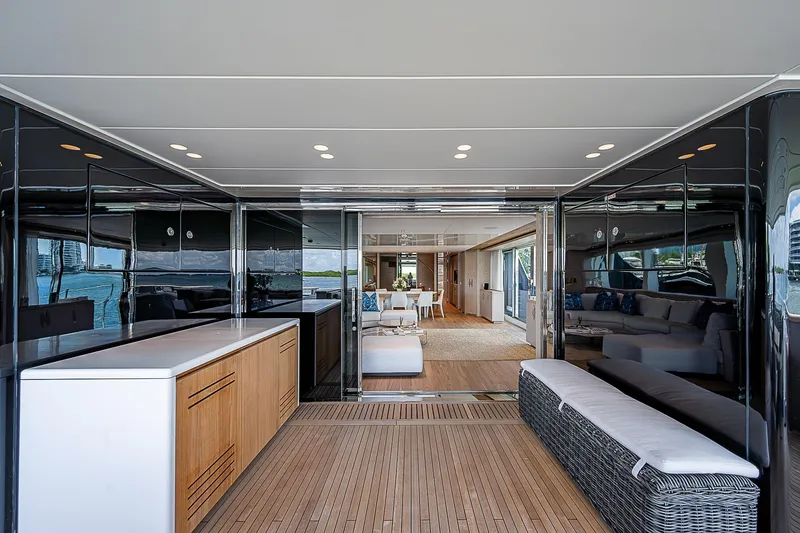 The Wolf Yacht Photos Pics Luxurious 2023 Sanlorenzo SD118 yacht interior with modern design and spacious seating area.